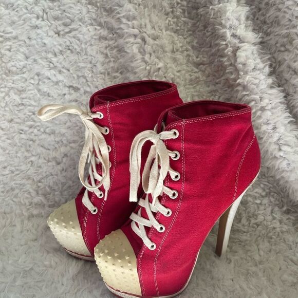 Zigi Girl Salute Red canvas lace up ankle hidden platform heels beige trimsSZ8.5 - Picture 2 of 12